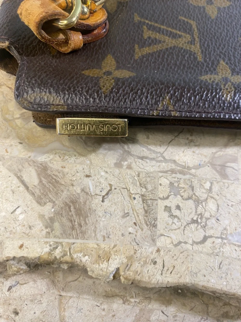 Louis Vuitton Monogram Canvas Phone Holster with Tan Strap and Gold Hardware